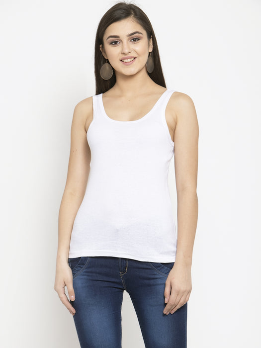 Women White Cotton U-neck Solid Tank top
