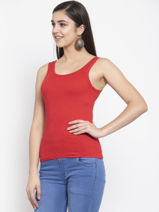 Women Red Cotton U-neck Solid Tank top