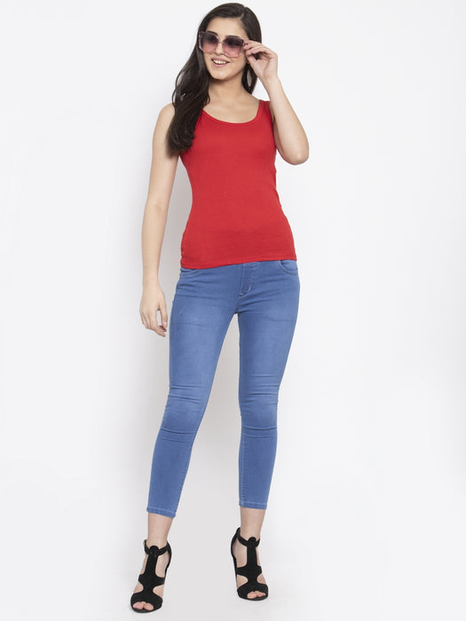 Women Red Cotton U-neck Solid Tank top