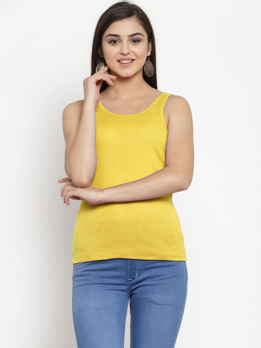 Women Yellow Cotton U-neck Solid Tank top