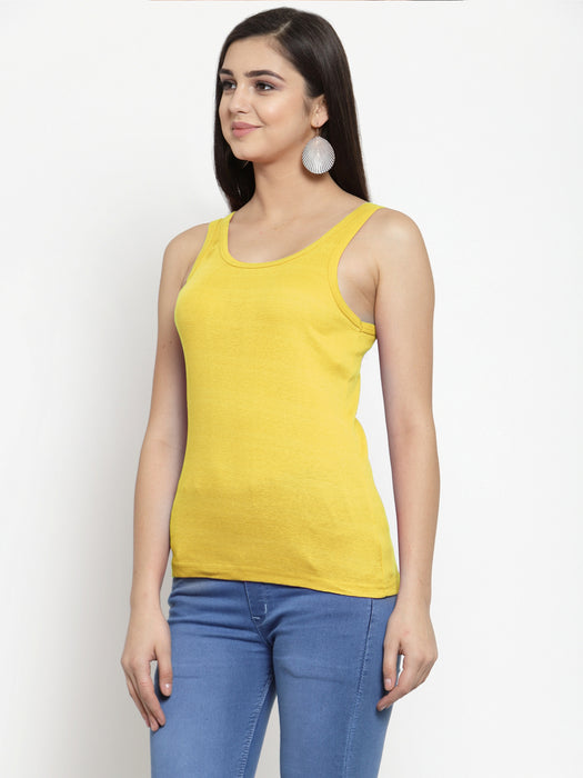 Women Yellow Cotton U-neck Solid Tank top