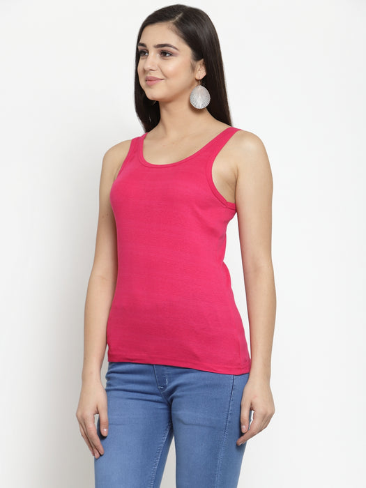 Women Pink Cotton U-neck Solid Tank top