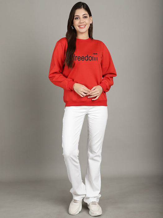 Women Red Round Neck Full Sleeve Freedom Print Sweatshirt