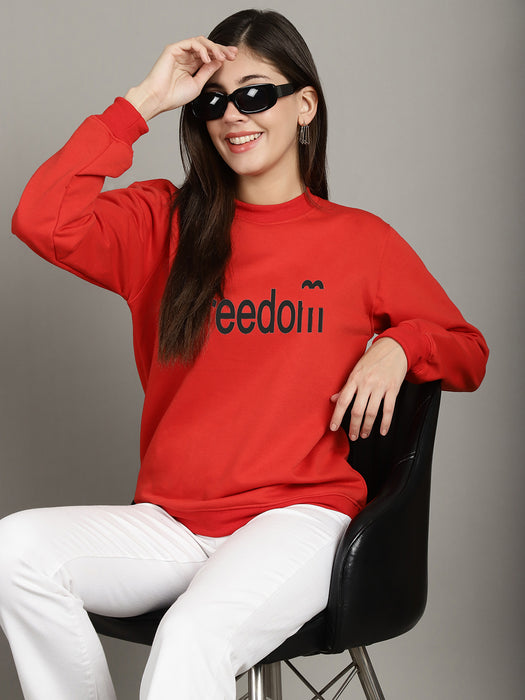 Women Red Round Neck Full Sleeve Freedom Print Sweatshirt