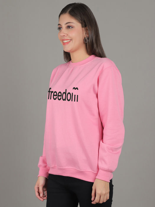 Women Pink Round Neck Full Sleeve Freedom Print Sweatshirt