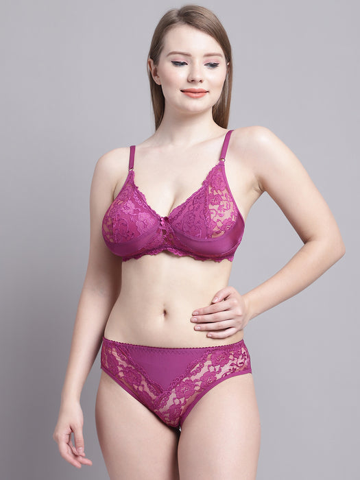 Women Purple Polyster Lycra Solid Lingerie set