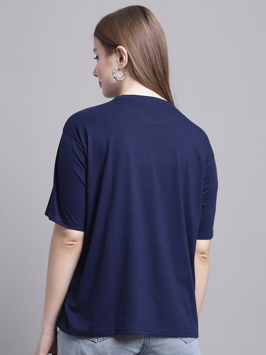Women Navy blue 100% Cotton Round Neck Half Sleeve Women Oversized T-shirt