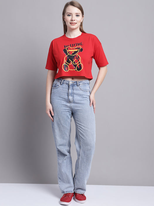 Women Red 100% Cotton Round Neck Half Sleeve Women Oversized T-shirt