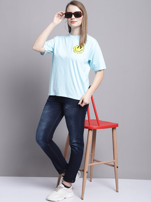 Women Aqua 100% Cotton Round Neck Half Sleeve Women Oversized T-shirt