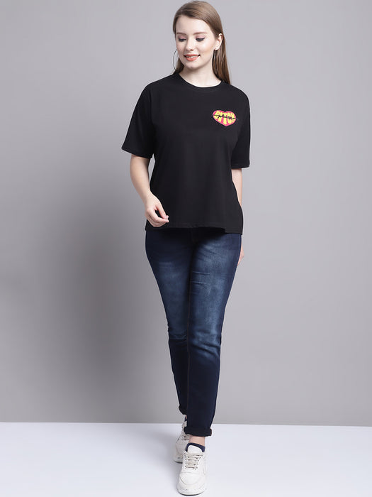 Women Black 100% Cotton Round Neck Half Sleeve Women Oversized T-shirt
