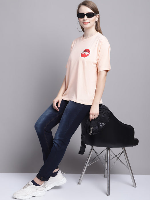 Women Peach 100% Cotton Round Neck Half Sleeve Women Oversized T-shirt