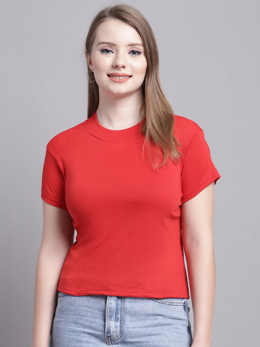 Women Red Lycra Blend Round Neck Short Sleeve Crop Top
