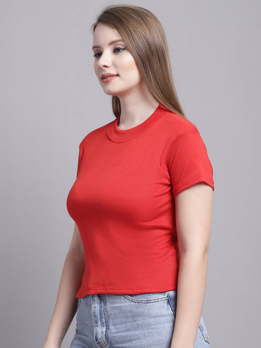 Women Red Lycra Blend Round Neck Short Sleeve Crop Top