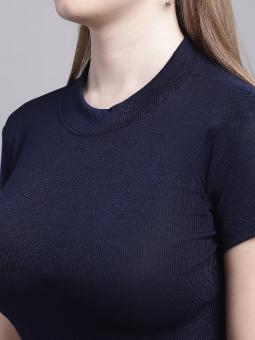 Women Navy blue Lycra Blend Round Neck Short Sleeve Crop Top