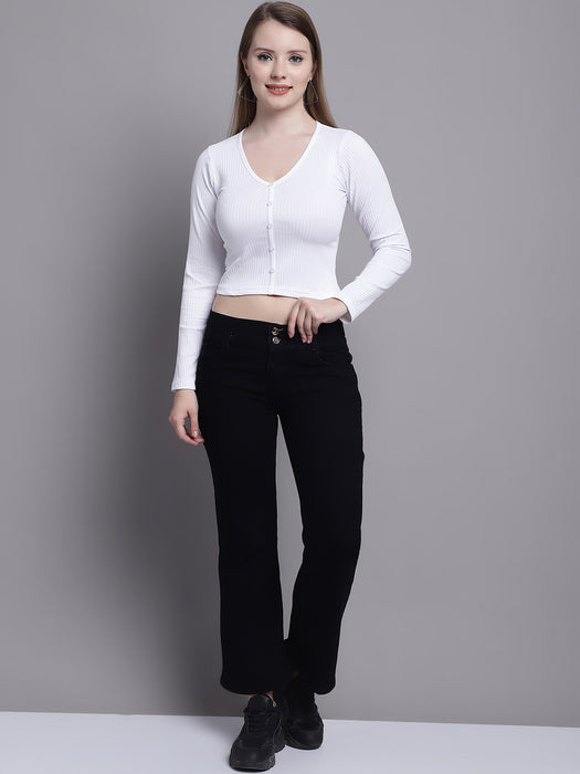 Women White Poly Viscose V-Neck Long Sleeve Shirt Style Crop Top