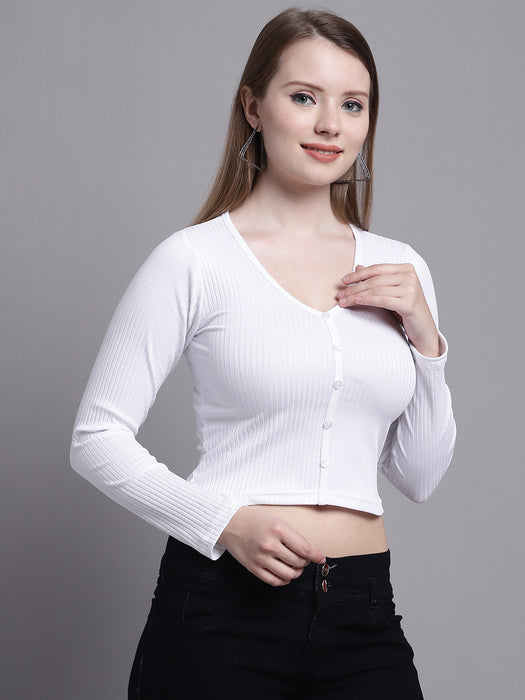 Women White Poly Viscose V-Neck Long Sleeve Shirt Style Crop Top