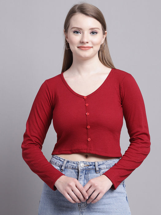 Women Maroon Poly Viscose V-Neck Long Sleeve Shirt Style Crop Top