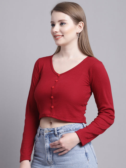 Women Maroon Poly Viscose V-Neck Long Sleeve Shirt Style Crop Top