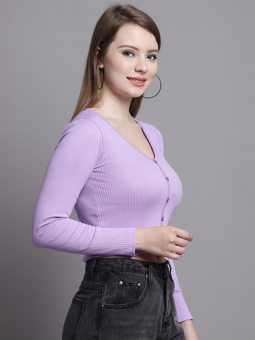 Women Purple Poly Viscose V-Neck Long Sleeve Shirt Style Crop Top