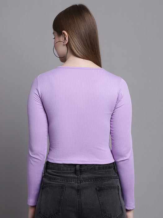 Women Purple Poly Viscose V-Neck Long Sleeve Shirt Style Crop Top