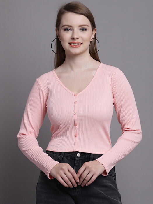 Women Peach Poly Viscose V-Neck Long Sleeve Shirt Style Crop Top