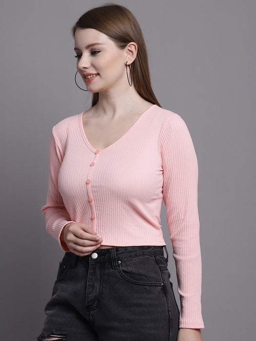 Women Peach Poly Viscose V-Neck Long Sleeve Shirt Style Crop Top
