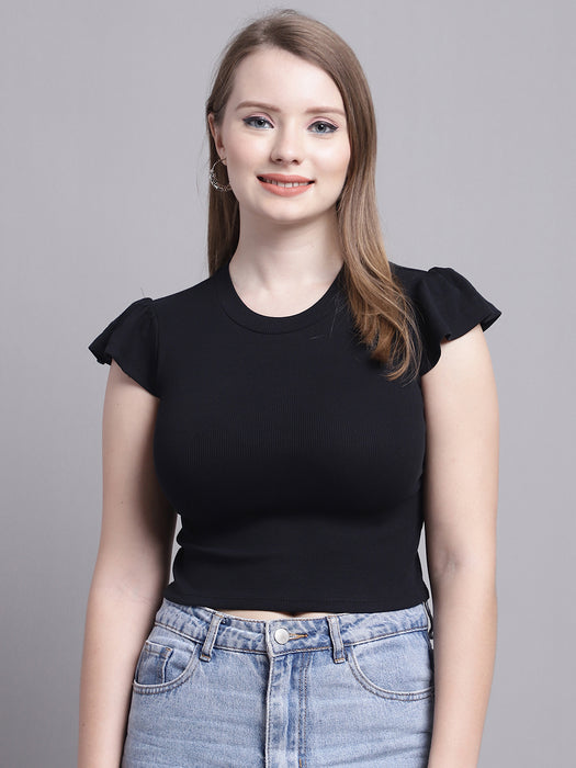 Black Cotton Lycra Crop fitted Top With and Flutter Sleeve