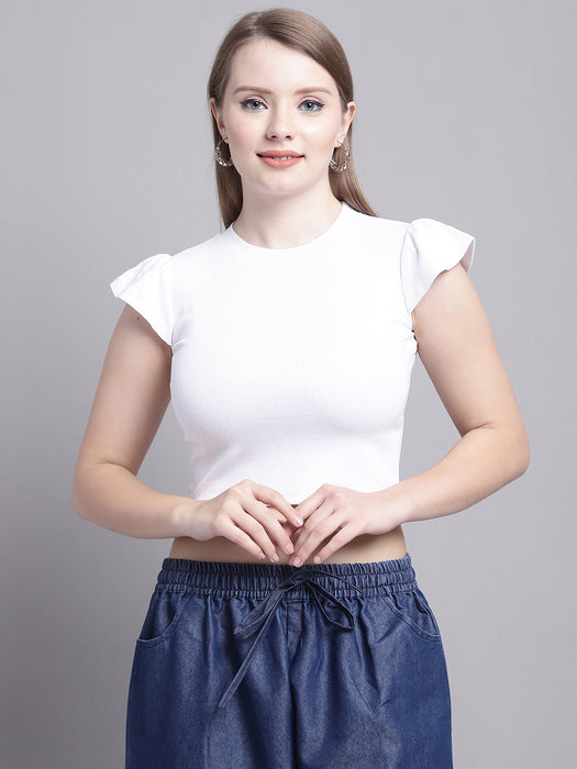 Women White Round Neck Bell Sleeve Crop tops