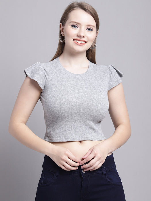 Women Grey Round Neck Bell Sleeve Crop tops