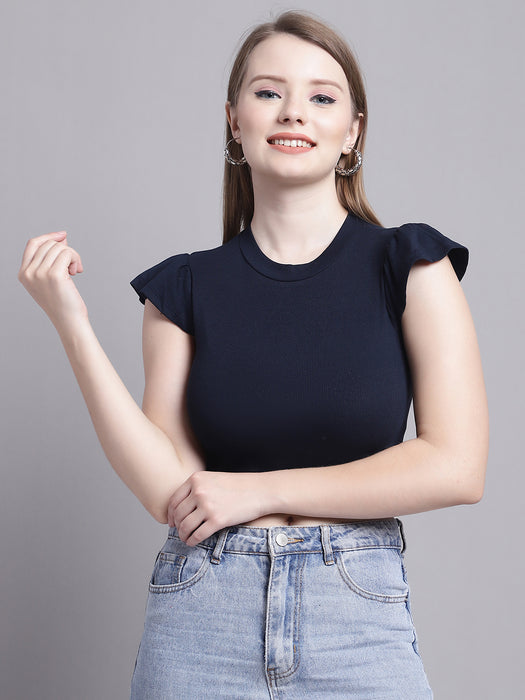 Women Navy Blue Round Neck Bell Sleeve Crop tops