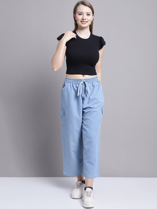 Women Blue multi pocket denim finish Culottes Cargo cotton Pant