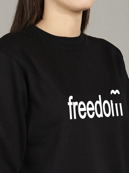 Women Black Round Neck Full Sleeve Freedom Print Sweatshirt