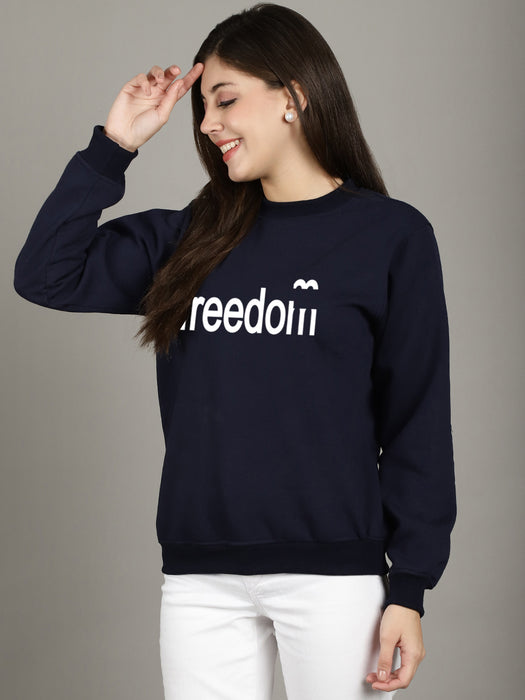 Women Navy blue Round Neck Full Sleeve Freedom Print Sweatshirt