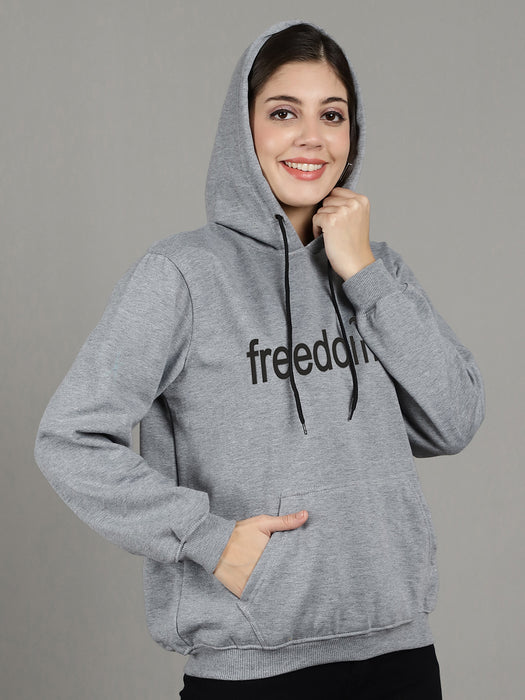 Women Grey Hood Neck Full Sleeve Fleece Freedom Print Hoodie with kangaroo Pocket