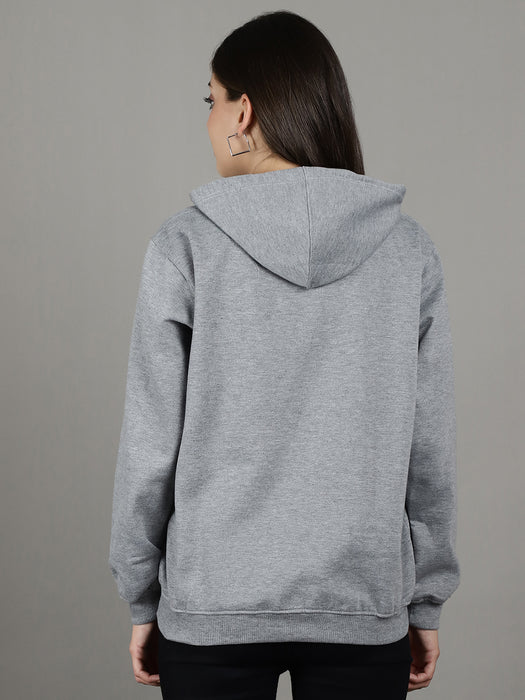 Women Grey Hood Neck Full Sleeve Fleece Freedom Print Hoodie with kangaroo Pocket