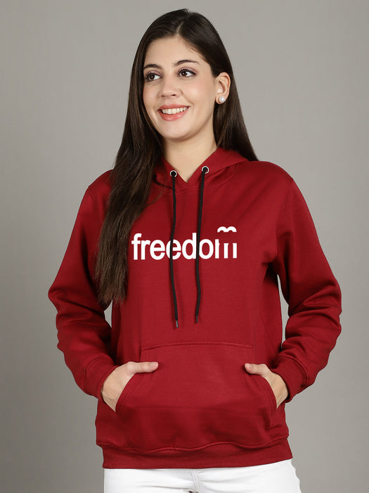 Women Maroon Hood Neck Full Sleeve Fleece Freedom Print Hoodie with kangaroo Pocket