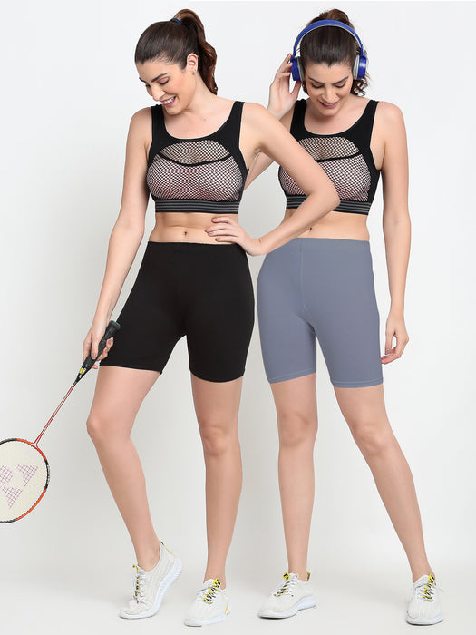Women Black Grey Four way super commed lycra Cycling Shorts