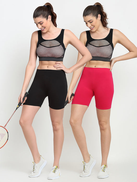 Women Black Pink Four way super commed lycra Cycling Shorts