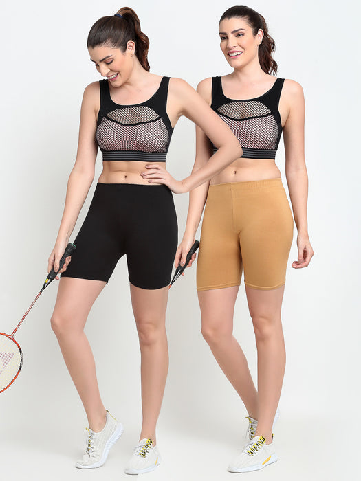 Women Black Beige Four way super commed lycra Cycling Shorts