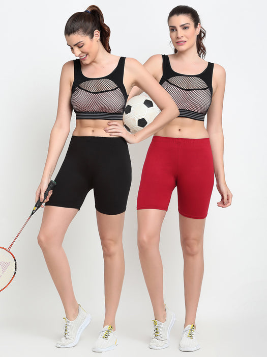 Women Black Maroon Four way super commed lycra Cycling Shorts