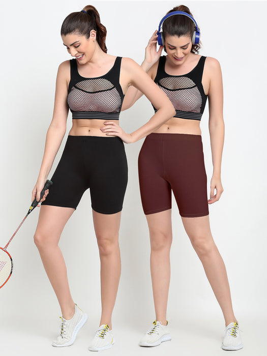 Women Black Brown Four way super commed lycra Cycling Shorts
