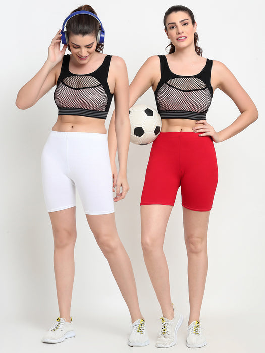 Women White Red Four way super commed lycra Cycling Shorts