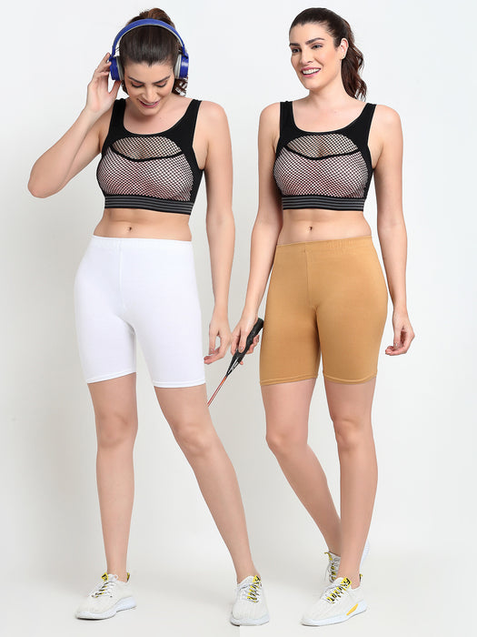 Women White Beige Four way super commed lycra Cycling Shorts