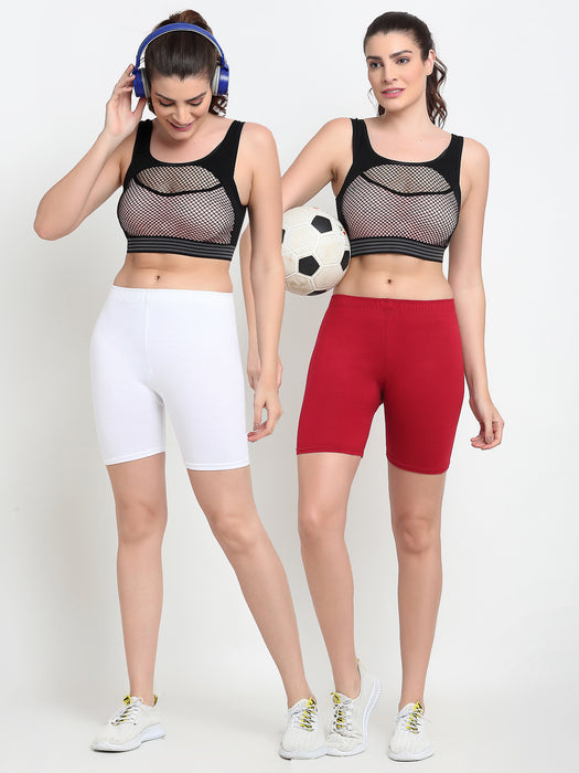 Women White Maroon Four way super commed lycra Cycling Shorts