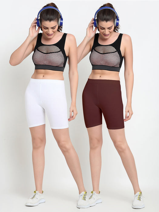 Women White Brown Four way super commed lycra Cycling Shorts