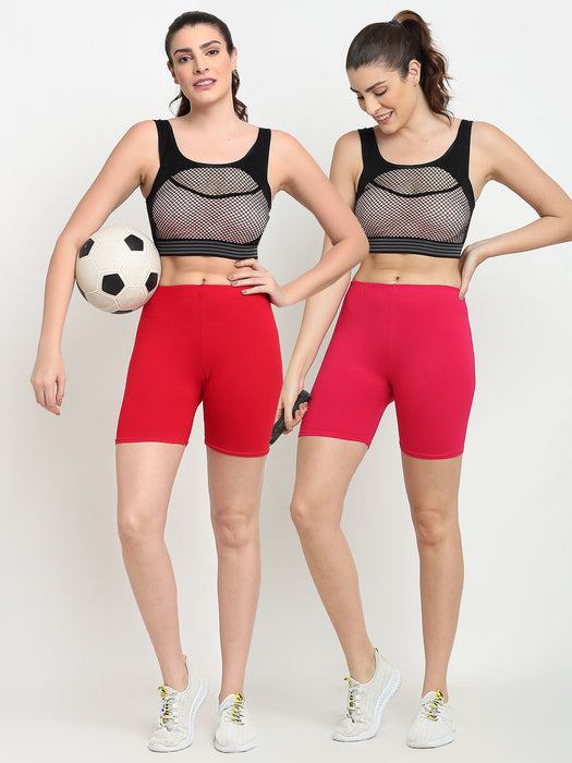 Women Red Pink Four way super commed lycra Cycling Shorts