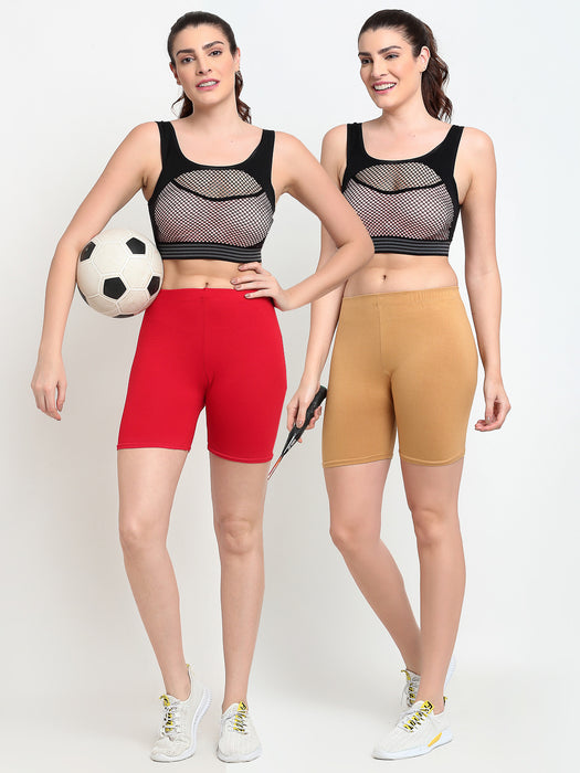 Women Red Beige Four way super commed lycra Cycling Shorts