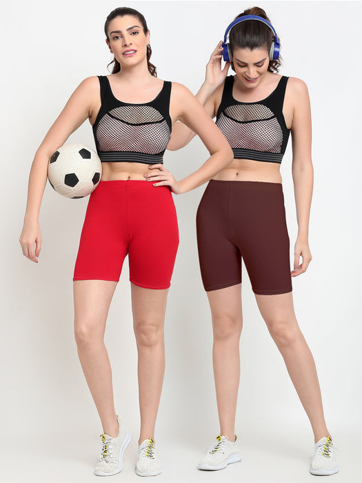 Women Red Brown Four way super commed lycra Cycling Shorts