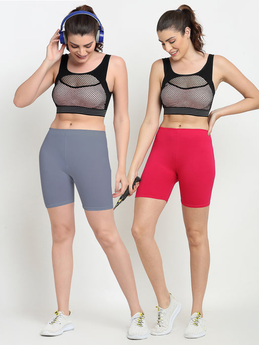 Women Grey Pink Four way super commed lycra Cycling Shorts