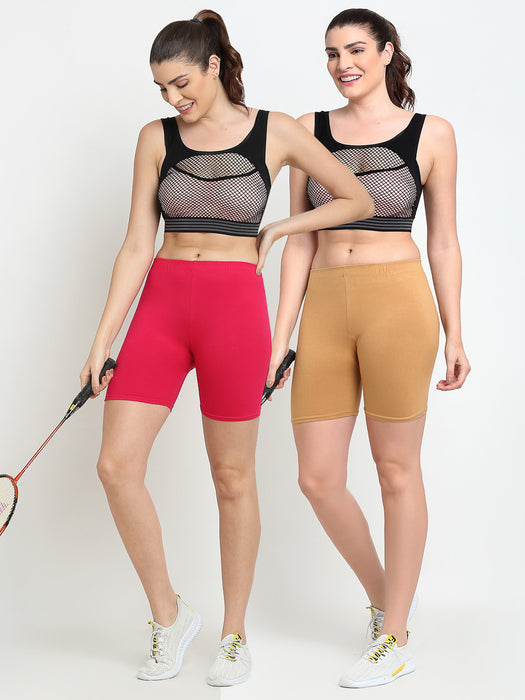 Women Pink Beige Four way super commed lycra Cycling Shorts
